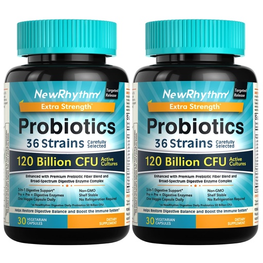 [BRSRAEIHBF7GOYLK] NewRhythm Probiotics 120 Billion CFU 36 Strains, 3-in-1 Probiotics for Digestive Health & Immune Support with Prebiotics & Enzymes, Probioticos for Women & Men, Vegan Targeted Release Supplement, 60ct