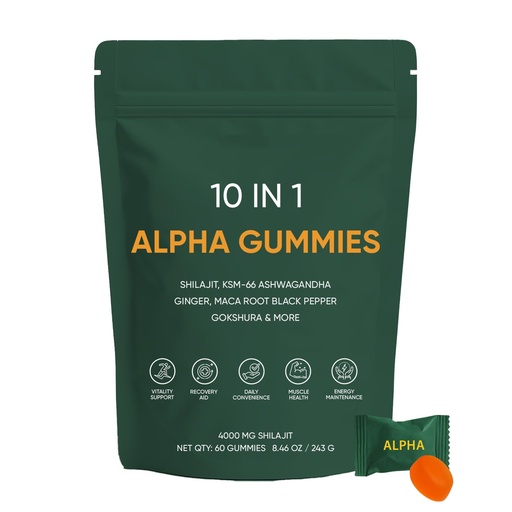 [BRSREAY5OV4BMF3A] 10-in-1 Alpha Shilajit Gummies with Ashwagandha, 4000 mg Himalayan Shilajit, Fulvic Acid, 85+ Multi-Vitamins Minerals- for Energy Boost & Immune Support, Sugar-Free Vegan, 60 Gummies