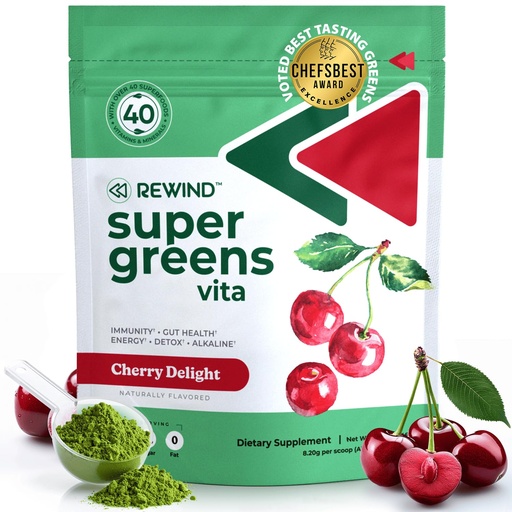 [BRSROGQLDNYWKC3X] Rewind Best Tasting Super Greens Powder with 40+ Superfoods – Delicious Daily Green Powder with Vitamin B12, Zinc, Vitamin C, Magnesium & Calcium – Green Juice Superfood Mix - Cherry Flavor