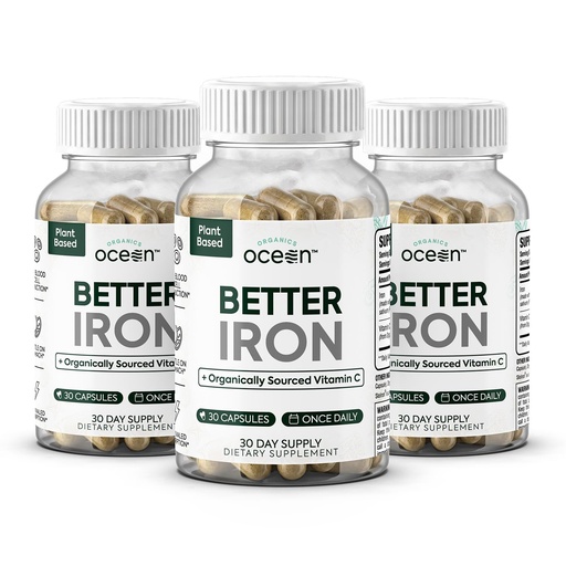 [BRSRGBAOBNYGO3LO] Organics Ocean Better Iron Supplement with Vitamin C - Plant-Based Fermented Pea Formula - Supports Iron Absorption, Energy & Vitality - Gentle on the Stomach, Vegan, Non-GMO - 3 Pack