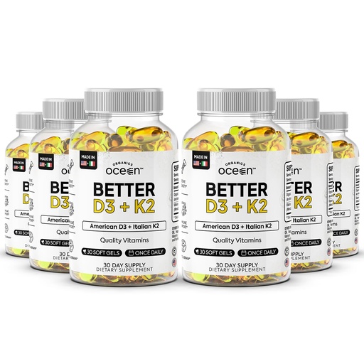 [BRSREGTRCADREDLG] Organics Ocean Better D3 + K2-100% Organic VIT D3 and K2 Supplements with Maximum Bioavailability - Supports Bone Density, Calcium Balance, Immunity & Mood - 6-Pack, 180-Day Supply