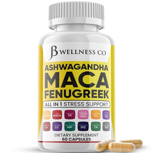 [BRSROBQPCEPRE3LJ] JB Wellness Co Ashwagandha Maca Root, Fenugreek Supplement with Tongkat Ali Ginseng - Assists with Mood & Thyroid Health - 60 Count