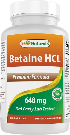 [BRSWIATYBNYWEFQZ] En İyi Doğallar Betaine HCL 648 mg 250 Capsules
