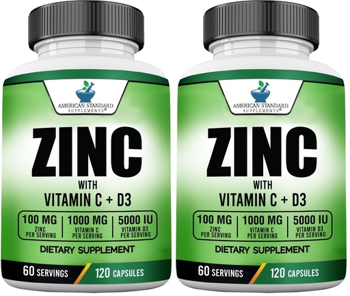 [BRSREAAFOEDRYETG] American Standard Supplements Zinc 100mg, Vitamin C 1000mg, and Vitamin D3 5000 IU (125mcg) Per Serving - Gluten Free, Non-GMO, 120 Capsules, 60 Servings (Pack of 2)
