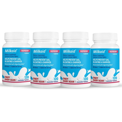 [BRSREZA7BF5RY33Z] Milkaid Lactase Enzyme Chewable Tablets for Lactose Intolerance Relief | Prevents Gas, Bloating & Diarrhea | Fast Acting Dairy Digestive Supplement (4 x 120 Tablets, Raspberry)