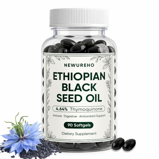 [BRSRYYAFAEFWOHTH] Ethiopian Black Seed Oil, Organic Cold Pressed 100% Pure Black Seed Oil 800mg Supplement, Supports Immune & Digestive Health, Easy-to-Swallow, 90 Count