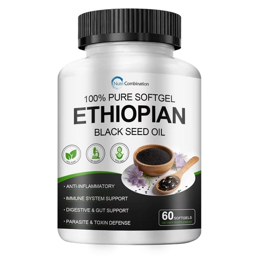 [BRSRYYYYC56BEYLH] Ethiopian Black Seed Oil Capsules with 4.64% Thymoquinone, Immune Support & Digestion & Energy Booster, Non-GMO, Gluten-Free, 60 Capsules