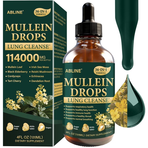 [BRSRYYILOUPWG3IY] Mullein Drops for Lungs 1900mg, Lung Cleanse, 36-in-1 Mullein Leaf Extract | elderberry, astragalus, echinacea, reishi & cordyceps, respiratory & immune support*, alcohol-free, vegan, 60-day supply, GMP