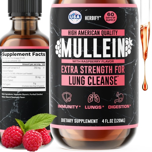 [BRSRAEADOZYBMAA6] HERBIFY Mullein Drops - Lung Cleanse - Leaf Extract - Powerful Mullein for Immune Support, Detox & Respiratory Support - Made in USA - 4 Oz Raspberry Flavor
