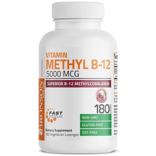 [BRSWYYYCOYBQMFLL] Bronson Methyl B12 5000 mcg Vitamin B12 Methylcobalamin Energy & Brain Support, 180 Lozenges