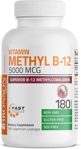 [BRSWYYYCOYBQMFLL] Bronson Methyl B12 5000 mcg Vitamina B12 Methylcobalamin Energy & Brain Support, 180 Lozenges
