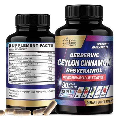 [BRSRO2YYAB7QAD35] Cadane Ceylon Cinnamon, Berberine, Quercetin Supplement - Support Heart, Body, Digestive & Immunity - 10in1 with Milk Thistle, Turmeric, Apple & More - 90 Veggie Capsules