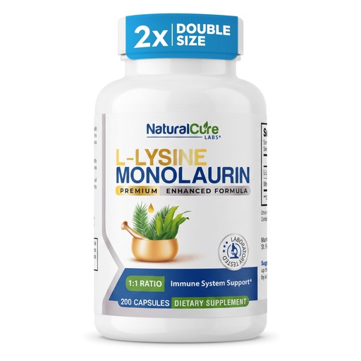 [BRSRYYD6OUFBEEQY] Natural Cure Labs L-Lysine with Monolaurin 600mg 1:1 Ratio, 1 Pack, 200 Capsules