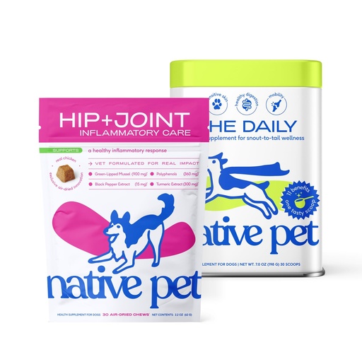 [BRSREYATBN5ROCQ2] Native Pet Health & Mobility Bundle: Relief Chews for Dogs (30 Air-Dried Chews) & The Daily Dog Multivitamins (30 Scoops) - Anti-Inflammatory for Strong Joints & 11-in-1 Multivitamin for Pups