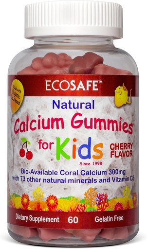 [BRSWGED7O4AWKHY4] ECO SAFE Coral Calcium Vitamin D3 Kids Gummy, Natural Cherry Flavor, Non GMO, Gluten-Free, Dairy-Free, Soy-Free and Gelatin Free - 300 mg of Calcium, and 800 IU of Vitamin D3-60 Gummies (2 Pack)