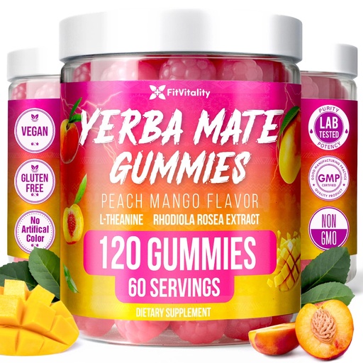 [BRSRE23QBYFWY2Q6] 120 Yerba Mate Gummies – W/ L-Theanine, Rhodiola, Ginseng, Choline, B12. | Peach Mango Flavor. Vegan