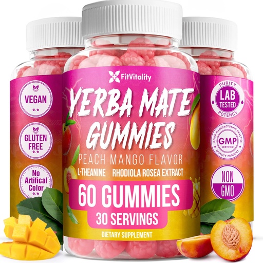 [BRSRE23QPMPAKCQ7] 60 Yerba Mate Gummies - W/ L-Theanine, Rhodiola, Ginseng, Choline, B12. | Peach Mango Flavor – Vegan