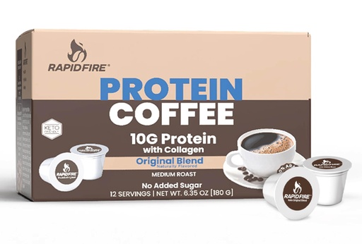[BRSRMZYTC4FAKYA3] Rapid Fire Protein Coffee, Original Blend, Keto Friendly, 10g of Protein with Collagen, Vitamins and Minerals, 12 Single Serve K-Cups, May Boost Metabolism and Increase Energy, Multicolor