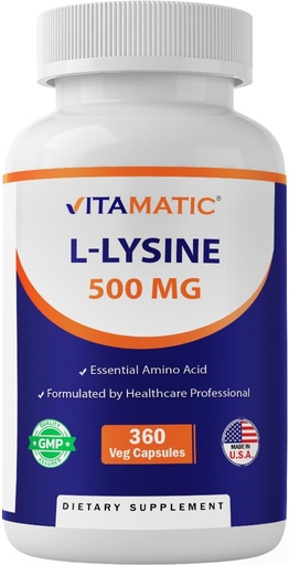 [BRSRGCADOEGWGFI4] Vitamatic L-Lysine 500 mg, 360 Vegetarian Capsules – Essential Amino Acid Supplement, Non-GMO, Gluten Free, Made in USA