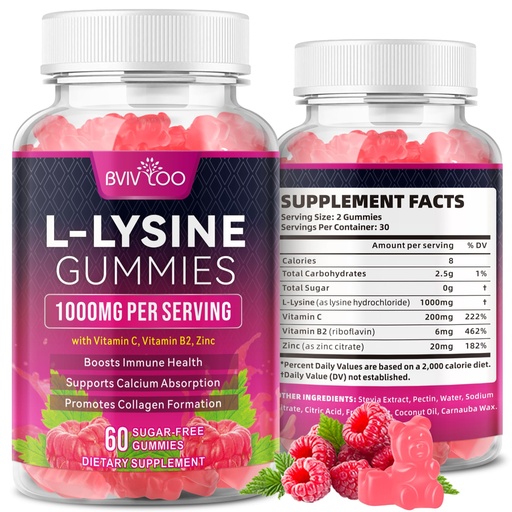 [BRSREHT6PMGRE3I6] L-Lysine 1000mg Gummies for Immune Support & Skin Health - High Potency Vegan, Sugar-Free, Gluten-Free Supplement with Natural Raspberry Flavor for Adults & Kids - 60 Gummies