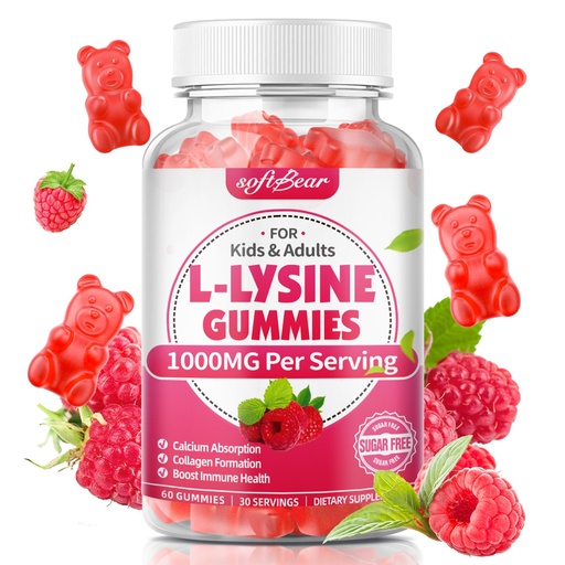 [BRSRAC3YOIPB4HQY] softbear L-Lysine Gummies for Adults & Kids, L Lysine 1000mg Chewable Lysine Supplement for Lips & Oral Health, Immune & Collagen Support, Vegan, Non GMO, Gluten-Free, Raspberry Flavor 60 Count