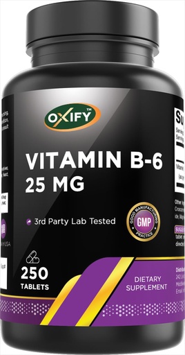[BRSREAAOCMCQADY7] Oxify Vitamin B-6 25mg | 250 Tablets | Gluten-Free, Non-GMO | Supplement Made in USA