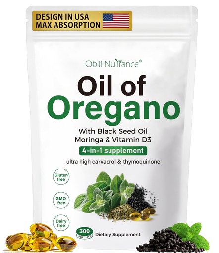 [BRSREFQRO4PBOAL7] Oil of Oregano Softgels,300 Count, 4-in-1 Oil of Oregano with Black Seed Oil, Moringa & Vitamin D3 for Immune Support, Oregano Oil Capsules Organic, Carvacrol & Thymoquinone, Non-GMO