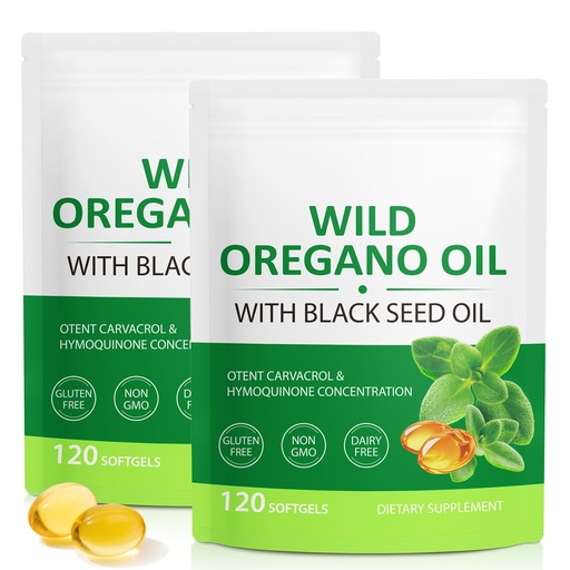 [BRSRE232DINQ4CIY] 6000mg Oil of Oregano with Black Seed Oil, 2Pack Oregano Oil Capsules Organic with 165mg Carvacrol – Natural, Non-GMO, Gluten-Free Oregano Supplement – 240 Capsules