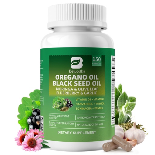 [BRSREFQYCMCQIFIZ] Oil of Oregano with Black Seed Oil - Oregano Oil Capsules Organic | Moringa, Garlic, Olive, Elderberry, Echinacea, Fennel - 95% High Carvacrol Oregano Support Immune, Digestive | 150 Capsules Non-GMO