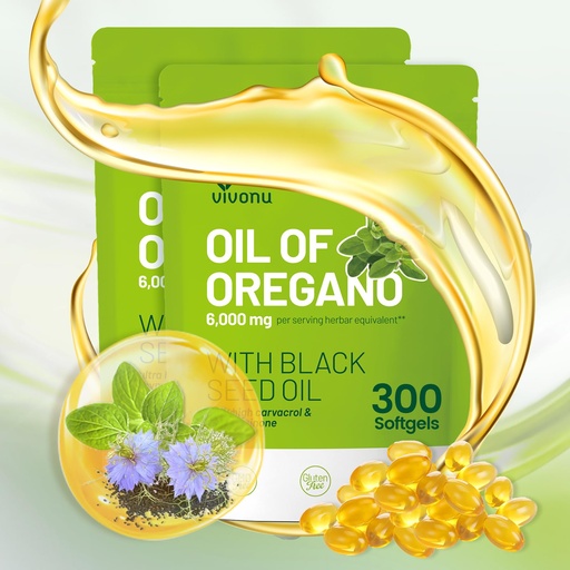 [BRSRE2YPAF6A2YD5] VivoNu Oil of Oregano Capsules, Balanced Oil of Oregano with Black Seed Oil, Organic OreganoOil Softgels,Carvacrol,Thymoquinone, Non-GMO (600pcs/2Bags)