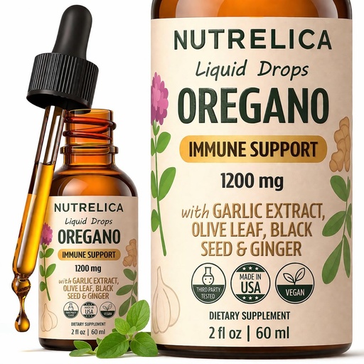 [BRSREHY3OYCA22DF] Oregano Oil with Garlic Extract, Olive Leaf, Black Seed Oil & Ginger – Immune Support & Wellness – 1200mg, No Sugar, Alcohol-Free, Vegan, Non-GMO