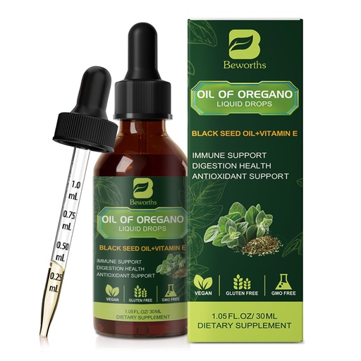 [BRSRABT2DNYRGHT3] Oregano Oil Drops, Oil of Oregano with Black Seed Oil, Vitamin E, 80% Carvacrol Oregano Supplement Herbal Blend for Immune & Antioxidant Support, Digestive, Overall Health | Vegan | Non-GMO | 1 Fl Oz