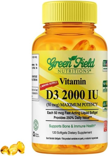 [BRSRMGQCBECW2HTA] 绿地营养 Halal Vitamin D3 2000 IU Softgel - 50 mcg High Potency D3,120 不受欢迎的小软胶 - Halal Vitamins D 配有Halal Beef Gelatin,支持Immune Bone teeth脑和头发