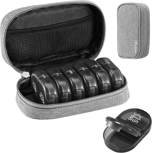 [BRSROZAOBUFRMC3F] Serfeymi Weekly Travel Pill Organizer 2 Times A Day AM PM Upgraded Black Pill Box 7 Day with Portable Zipper Canvas Pill Case, Medicine Organizer for Pills, Vitamins, Supplements, Fish Oils - Grey 01