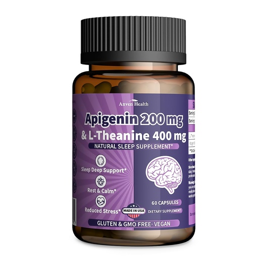[BRSRA2YFAQMGGYLV] 400mg L-Theanine with 200mg Apigenin Supplement for Sleep-Natural Relaxation & Stress Relief - Gluten Free,Non-GMO, Zero Fillers - Made in USA | 60 Veggie Capsules
