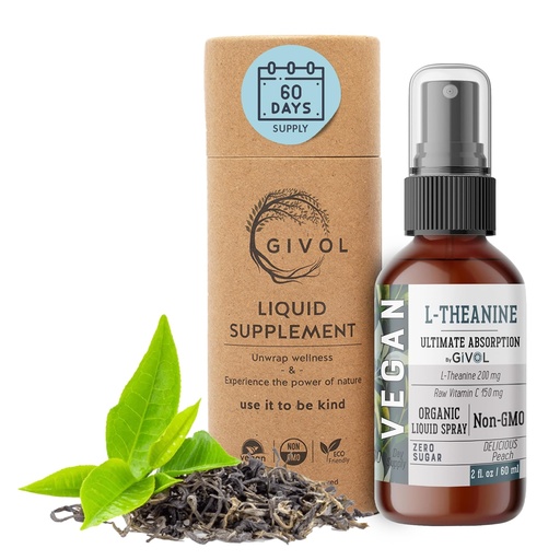 [BRSROAARAEFWMDLA] 200mg L-Theanine & 150mg Vitamin C Liquid Spray for Kids & Adults - Peach Extract Flavor - Plant-Based, Non-GMO, Gluten Free, No Added Sweeteners, Alcohol-Free - 2 Fl Oz (60 ml) - 60 Day Supply
