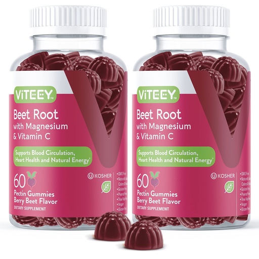 [BRSWYBIFBEBRGGTK] Viteey Beet Root Gummies with Magnesium & Vitamin C - Beetroot Supplement for Heart Health, Blood Pressure Support - Vegan, Gluten-Free - 120 Count