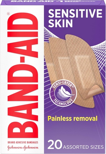 [BRSW2HDYCIMRYFDV] Band-Aid Brand Adhesive Bandages for Sensitive Skin, Hypoallergenic First Aid Bandages with Painless Removal, Stays on When Wet & Suitable for Eczema Prone Skin, Sterile, Assorted, 20 ct