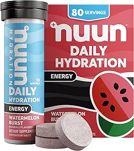 [BRSWYBIHCJ5WK23X] Nuun Energy Electrolyte Tablets with Ginseng, Caffeine from Green Tea Extract, Vitamin B12, B6, B5, Magnesium & 4 Other Electrolytes, Gluten Free & Vegan, Watermelon Burst, 8 Pack (80 Servings Total)