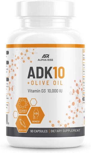 [BRSWYFQZOAMR4DLH] ADK 10 Suplemento de vitaminas + aceite de oliva para una mejor absorción - con vitaminas A + D3 (10.000 iu) + K2 (MK7+MK4) - 90 cápsulas - Vegetariano - No GMO