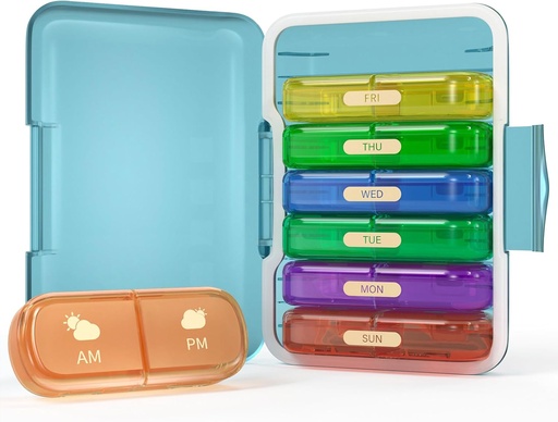 [BRSROFIROR7AACYY] Weekly Pill Organizer 2 Times a Day, 7 Day Pill Box 2 Times, Portable for Travel Pill Case for Pills/Vitamin/Fish Oil/Medication/Supplements (2x7 Blue+Rainbow)