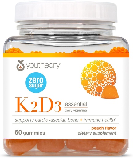 [BRSROZQHO4CQ42DG] Youtheory K2D3 - Bone & Heart Health Support* - Combines Vitamin D3 & Vitamin K2 - Dairy, Soy & Gluten Free - Peach, 60 Vegetarian Gummies