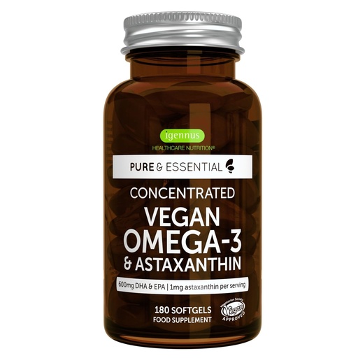 [BRSW2CQECEPQMD3X] Igennus Vegan Omega-3 Natural Triglyceride Algae Oil, DHA & EPA Fatty Acid Supplement, 180 Small Softgels with Astaxanthin, Easy-to-Swallow, Pure & Sustainable, 90 Servings