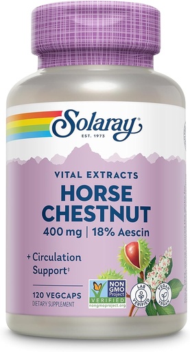 [BRSWIYT3PMMR42T6] SOLARAY Horse Chestnut Extract 400 mg - Standartinis 72 mg Aescin - su 55 mg mėsinėms - Veinas ir kraujo cirkuliacijos papildai - Vegan, Non- GMO, 60- Dienos garantija, 120 Serv, 120 VegCaps