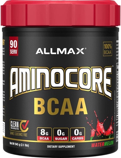 [BRSWYFQ2B4CAIG3B] ALLMAX Nutrition AMINOCORE BCAA Powder, 8.18 Grams of Amino Acids, Intra and Post Workout Recovery Drink, Gluten Free, Watermelon, 945 g