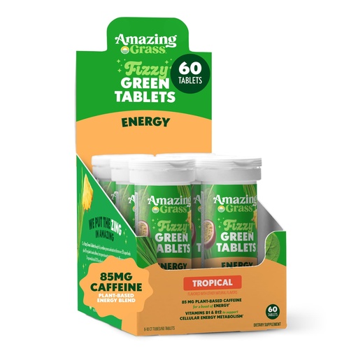 [BRSWG2QBAACWOHLA] Amazing Grass Fizzy Green Tablets, Effervescent, Greens Tablets, 85mg Plant Based Caffeine, Vitamin B1, Vitamin B12, Water Flavoring, Antioxidants, Energizing Tropical, 60 Count (Packaging May Vary)