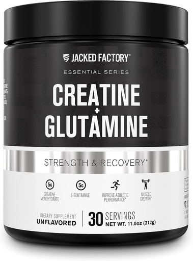 [BRSROFIRCJ6QYAIU] Creatina de fábrica de Jacked + Glutamina - Suplemento de crema con L-Glutamina para la recuperación de músculos, crecimiento muscular, aumento de fuerza, potencia de energía mejorada, y Gut Health - 30 Servimientos, Desflavorado