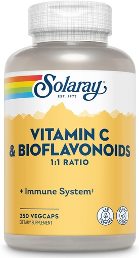 [BRSWIYTYO4GWOHDG] SOLARAY Vitamina C 500mg con Citrus Bioflavonoides, 1:1 Ratio - Antioxidante e Inmuno Apoyo Suplemento - Vitamina C con Rosa HIPS y Acerola, Vegan, Garantía de 60 días, 125 Serviciones, 250 VegCaps