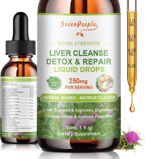 [BRSRAGA7AV5GEELU] GREENPEOPLE Liver Cleanse Detox & Repair Drops - Liver Supplement w/Milk Thistle Silymarin, Artichoke & Dandelion for Liver Detox & Support- 16x Potent Herb-Nutrients - 1Fl Oz Natural Flavor