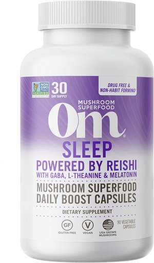 [BRSWYAYPCB7RQCDV] OM Mushroom Superfood Sleep Mushroom Cápsulas Superfood Supplement, 90 Count, 30 Days, Reishi, GABA, L-Theanina, Melatonina para descansar e dormir